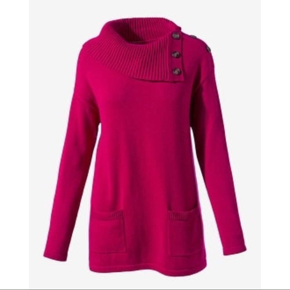 Chico's Fuchsia Cowl Neck TunicSweater Button Detail Cozy Knit Pullover size 3